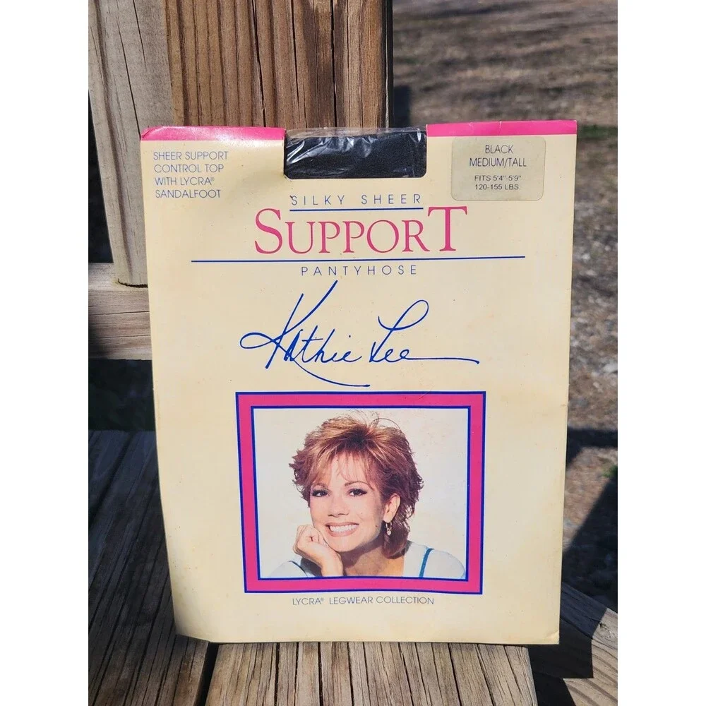 Kathie Lee SIlky Sheer Support Pantyhose Control Top Black Medium/Tall To 155lb